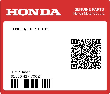 Product image: Honda - 61100-427-700ZH - FENDER, FR. *R119*  0