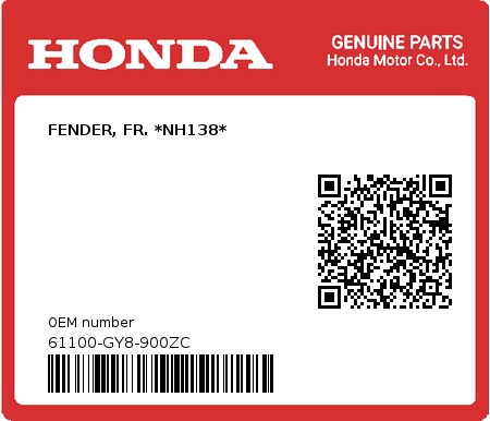 Product image: Honda - 61100-GY8-900ZC - FENDER, FR. *NH138*  0