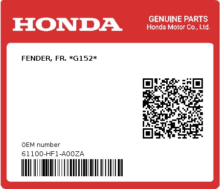 Product image: Honda - 61100-HF1-A00ZA - FENDER, FR. *G152*  0