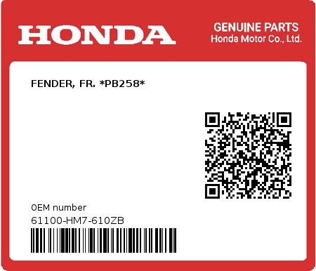 Product image: Honda - 61100-HM7-610ZB - FENDER, FR. *PB258*  0