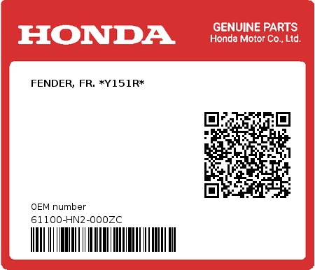 Product image: Honda - 61100-HN2-000ZC - FENDER, FR. *Y151R*  0