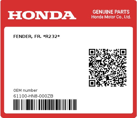 Product image: Honda - 61100-HN8-000ZB - FENDER, FR. *R232*  0