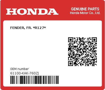Product image: Honda - 61100-KAK-760ZJ - FENDER, FR. *R127*  0