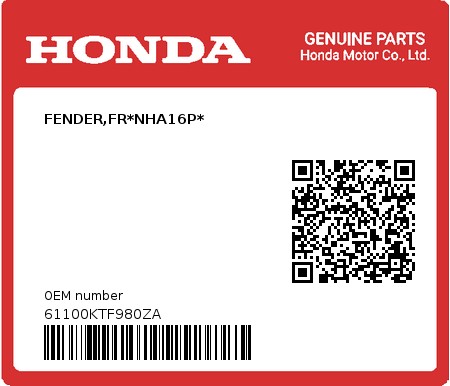 Product image: Honda - 61100KTF980ZA - FENDER,FR*NHA16P*  0