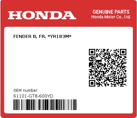 Product image: Honda - 61101-GT8-600YD - FENDER B, FR. *YR183M*  0