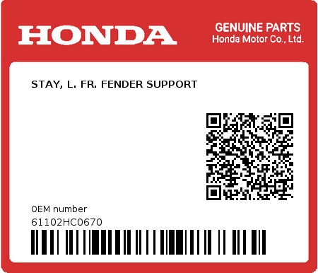 Product image: Honda - 61102HC0670 - STAY, L. FR. FENDER SUPPORT  0