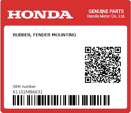 Product image: Honda - 61102MB6631 - RUBBER, FENDER MOUNTING  0