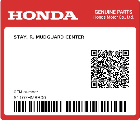 Product image: Honda - 61107HM8B00 - STAY, R. MUDGUARD CENTER  0