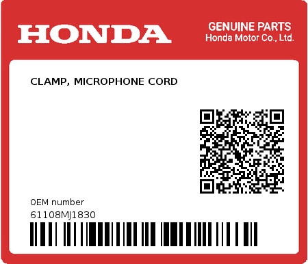 Product image: Honda - 61108MJ1830 - CLAMP, MICROPHONE CORD  0
