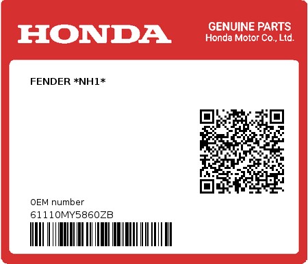 Product image: Honda - 61110MY5860ZB - FENDER *NH1*  0