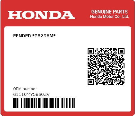 Product image: Honda - 61110MY5860ZV - FENDER *PB296M*  0