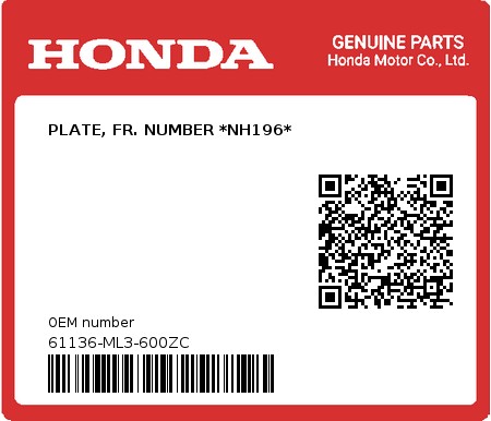 Product image: Honda - 61136-ML3-600ZC - PLATE, FR. NUMBER *NH196*  0