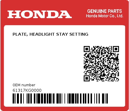 Product image: Honda - 61317KG0000 - PLATE, HEADLIGHT STAY SETTING  0