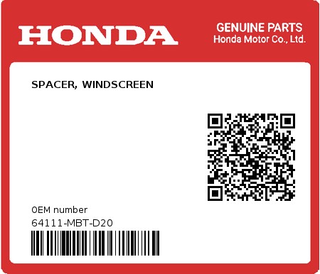 Product image: Honda - 64111-MBT-D20 - SPACER, WINDSCREEN  0