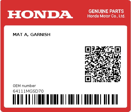 Product image: Honda - 64111MGSD70 - MAT A, GARNISH  0