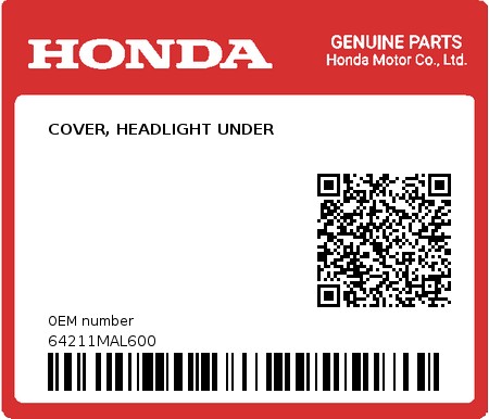 Product image: Honda - 64211MAL600 - COVER, HEADLIGHT UNDER  0