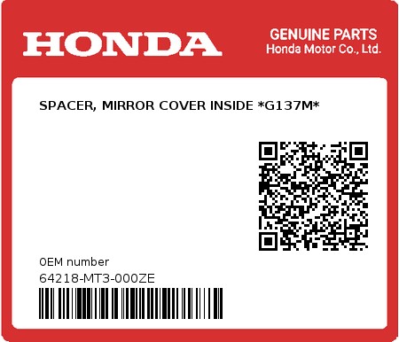 Product image: Honda - 64218-MT3-000ZE - SPACER, MIRROR COVER INSIDE *G137M*  0