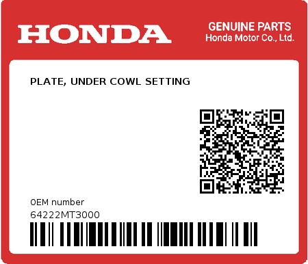 Product image: Honda - 64222MT3000 - PLATE, UNDER COWL SETTING  0