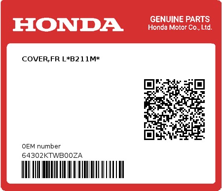 Product image: Honda - 64302KTWB00ZA - COVER,FR L*B211M*  0