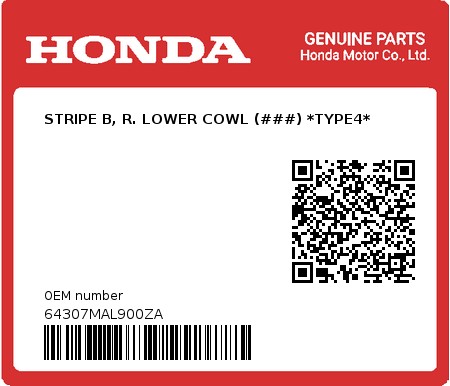 Product image: Honda - 64307MAL900ZA - STRIPE B, R. LOWER COWL (###) *TYPE4*  0