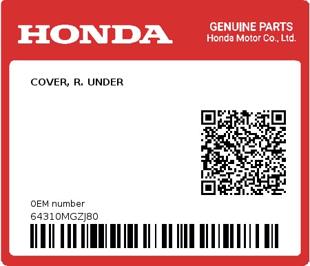 Product image: Honda - 64310MGZJ80 - COVER, R. UNDER  0
