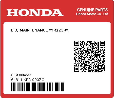 Product image: Honda - 64311-KPR-900ZC - LID, MAINTENANCE *YR223R*  0
