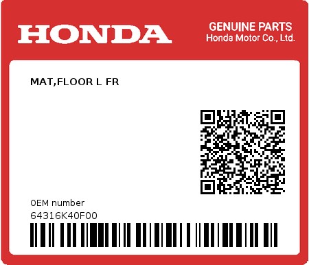 Product image: Honda - 64316K40F00 - MAT,FLOOR L FR  0
