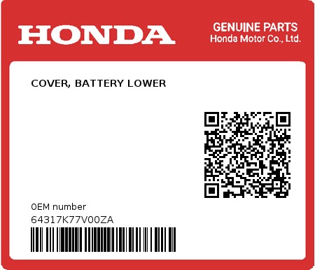 Product image: Honda - 64317K77V00ZA - COVER, BATTERY LOWER  0