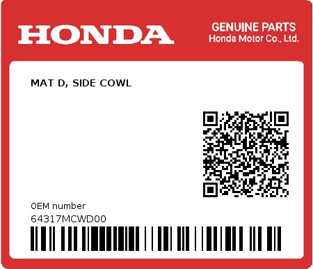 Product image: Honda - 64317MCWD00 - MAT D, SIDE COWL  0