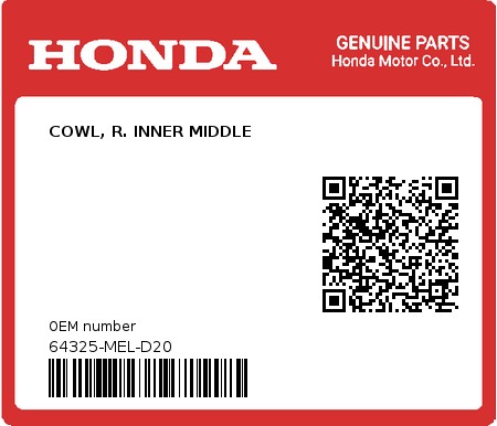 Product image: Honda - 64325-MEL-D20 - COWL, R. INNER MIDDLE  0