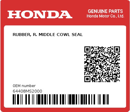 Product image: Honda - 64408MS2000 - RUBBER, R. MIDDLE COWL SEAL  0