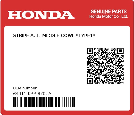 Product image: Honda - 64411-KPP-870ZA - STRIPE A, L. MIDDLE COWL *TYPE1*  0
