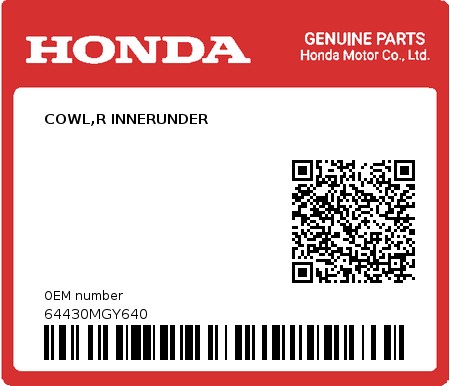 Product image: Honda - 64430MGY640 - COWL,R INNERUNDER  0