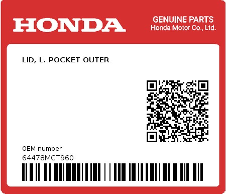 Product image: Honda - 64478MCT960 - LID, L. POCKET OUTER  0