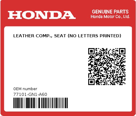 Product image: Honda - 77101-GN1-A60 - LEATHER COMP., SEAT (NO LETTERS PRINTED)  0
