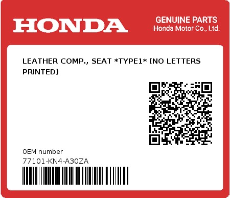 Product image: Honda - 77101-KN4-A30ZA - LEATHER COMP., SEAT *TYPE1* (NO LETTERS PRINTED)  0