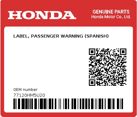 Product image: Honda - 77120HM5U20 - LABEL, PASSENGER WARNING (SPANISH)  0