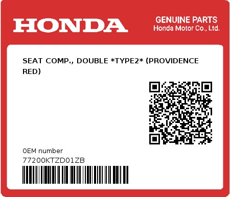 Product image: Honda - 77200KTZD01ZB - SEAT COMP., DOUBLE *TYPE2* (PROVIDENCE RED)  0