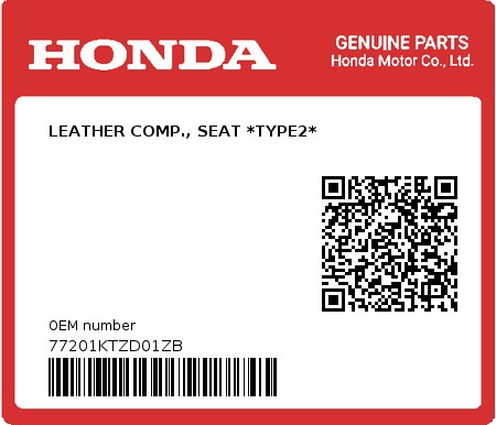 Product image: Honda - 77201KTZD01ZB - LEATHER COMP., SEAT *TYPE2*  0