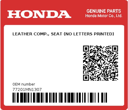 Product image: Honda - 77201MN1307 - LEATHER COMP., SEAT (NO LETTERS PRINTED)  0