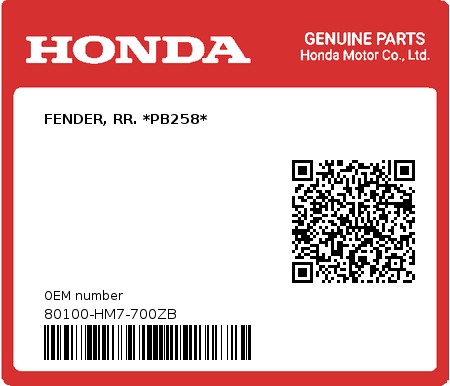 Product image: Honda - 80100-HM7-700ZB - FENDER, RR. *PB258*  0
