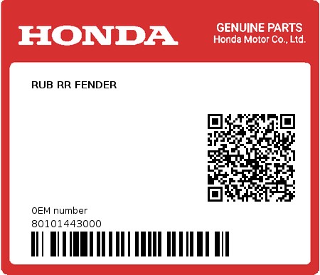 Product image: Honda - 80101443000 - RUB RR FENDER  0