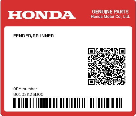 Product image: Honda - 80102K26B00 - FENDER,RR INNER  0