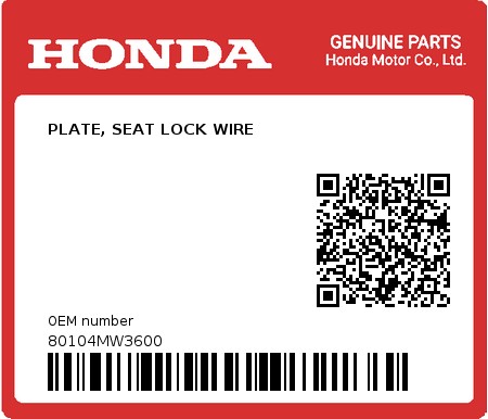 Product image: Honda - 80104MW3600 - PLATE, SEAT LOCK WIRE  0