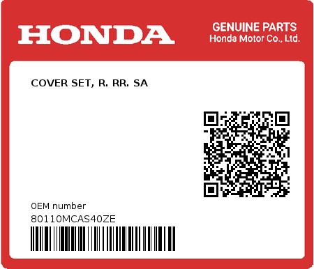 Product image: Honda - 80110MCAS40ZE - COVER SET, R. RR. SA  0
