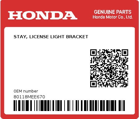 Product image: Honda - 80118MEE670 - STAY, LICENSE LIGHT BRACKET  0