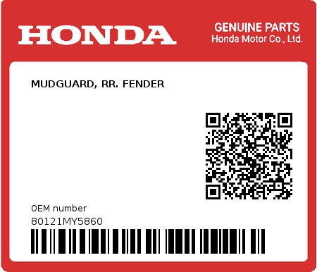 Product image: Honda - 80121MY5860 - MUDGUARD, RR. FENDER  0