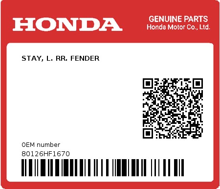Product image: Honda - 80126HF1670 - STAY, L. RR. FENDER  0