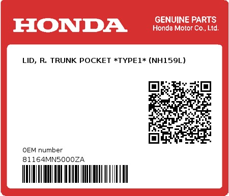 Product image: Honda - 81164MN5000ZA - LID, R. TRUNK POCKET *TYPE1* (NH159L)  0