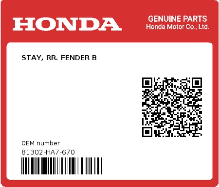 Product image: Honda - 81302-HA7-670 - STAY, RR. FENDER B  0